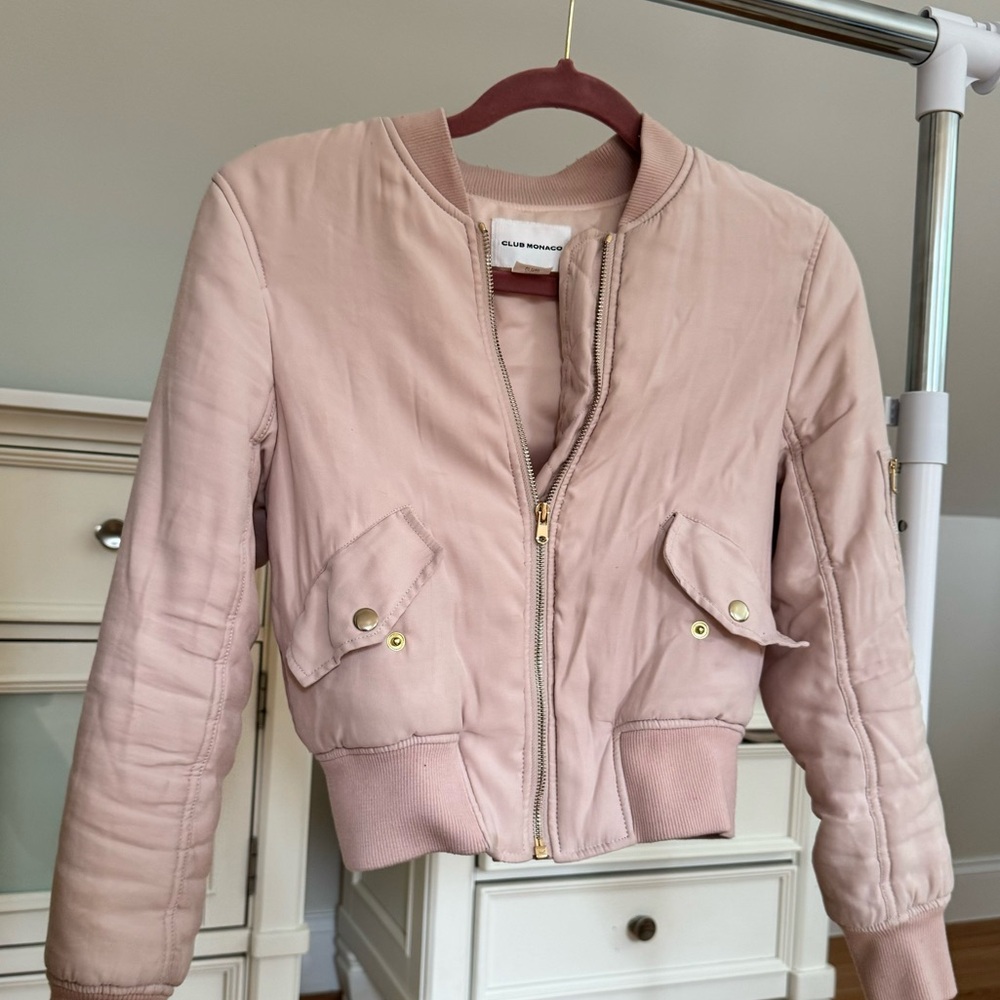 CLUB MONOCO blush pink bomber jacket with zipper on the side.